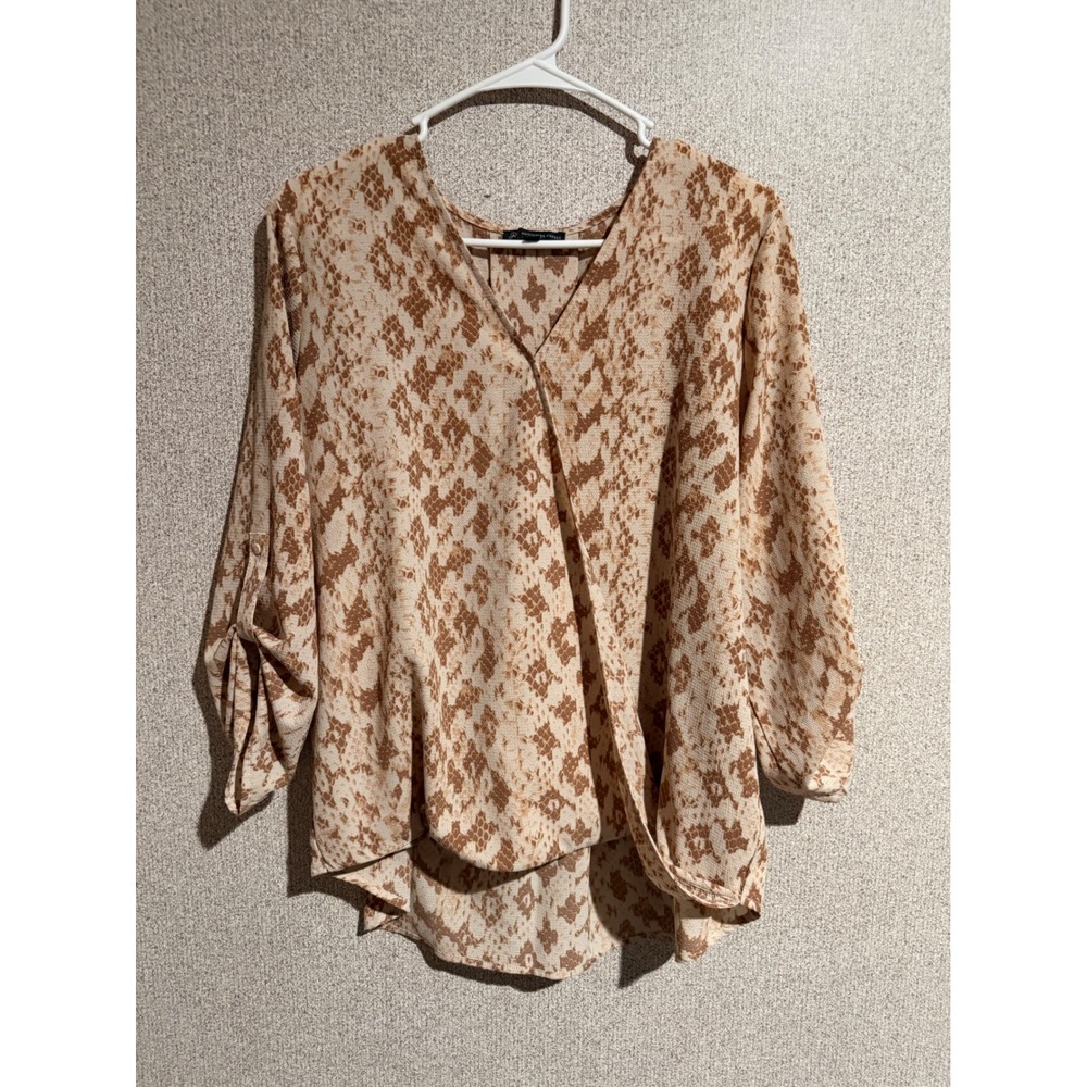 Adrianna Papell Womens Brown Snakeskin Print Roll Tab Sleeve Surplice Blouse L